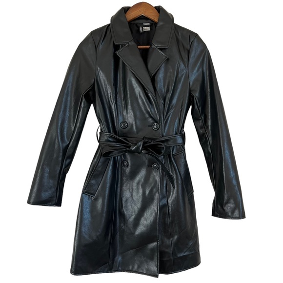 H&M Black Leather Double Breasted Belted Trench Coat Womens Size XS - Picture 4 of 10